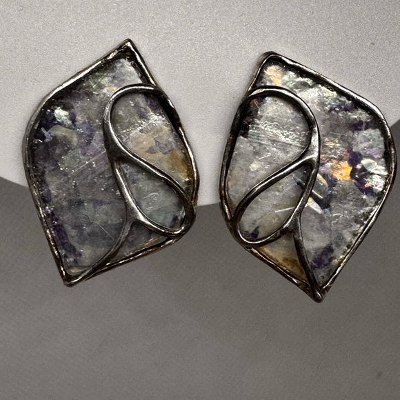 Vtg URI RAMOT Earrings ISRAEL 950 Silver Modernist Antique Roman Glass Clip on - Picture 10 of 17